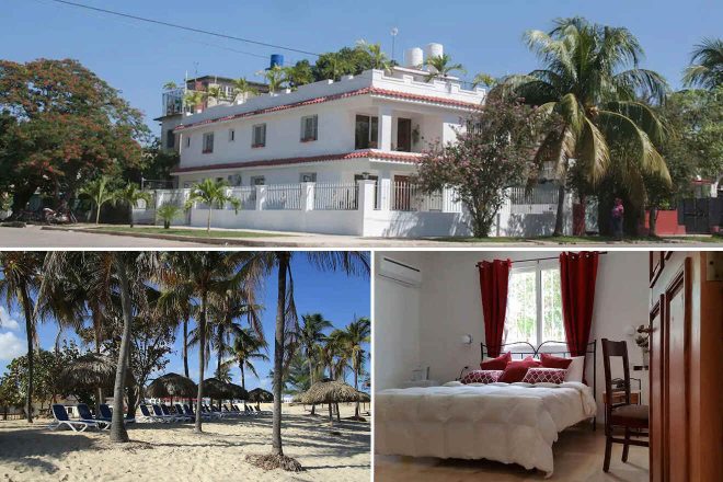 Collage of 3 pics of hotel in Havana: a two-story white building with a red-tiled roof, a beach scene with lounge chairs and palm trees, and a bedroom with red curtains, a double bed, and wooden furniture.