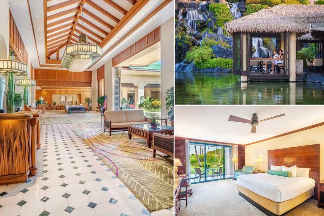 Hotel collage: a grand lobby with seating, a hut over water with a dining area, and a bedroom with a bed, ceiling fan, and balcony.