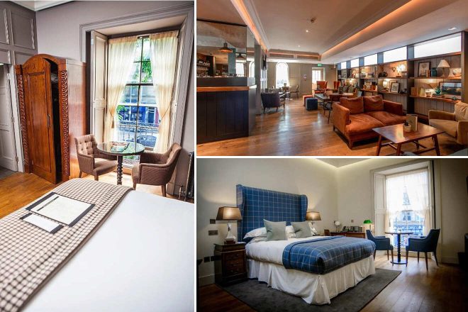 A collage of three hotel photos to stay in Edinburgh: a quaint corner with armchairs and an ornate wardrobe, a spacious lounge with leather sofas and a vintage vibe, and a bedroom with a checkered headboard and a blue accent wall.