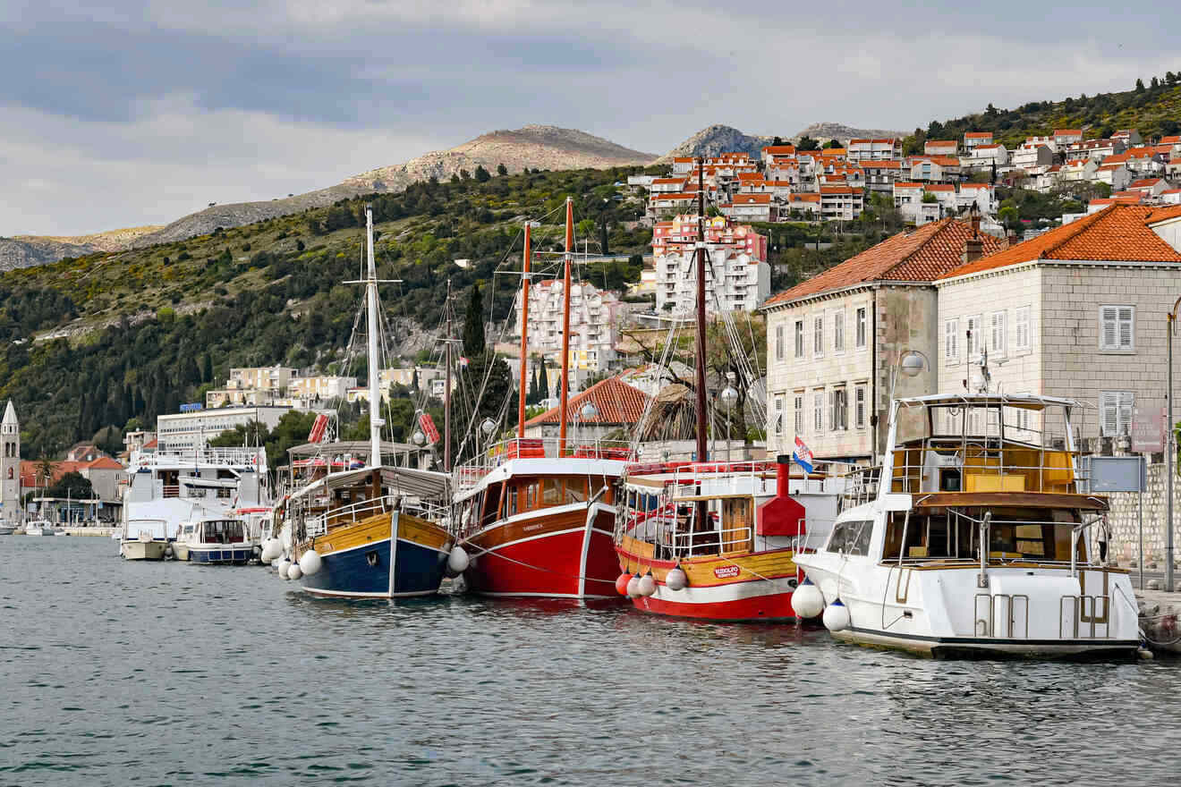 Dubrovnik marina filled with various boats, with the town's terraced architecture and a hill in the background