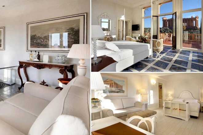 collage of 3 images with: room with white furniture and a balcony, lounge zone and bedroom