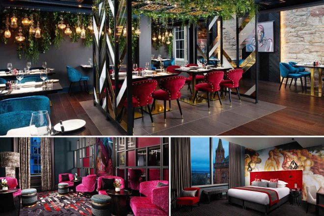 A collage of three hotel photos to stay in Edinburgh: a trendy restaurant with velvet red chairs and ambient lighting, a vibrant lounge with pink furniture and abstract art, and a stylish bedroom with a bold red headboard and city view.