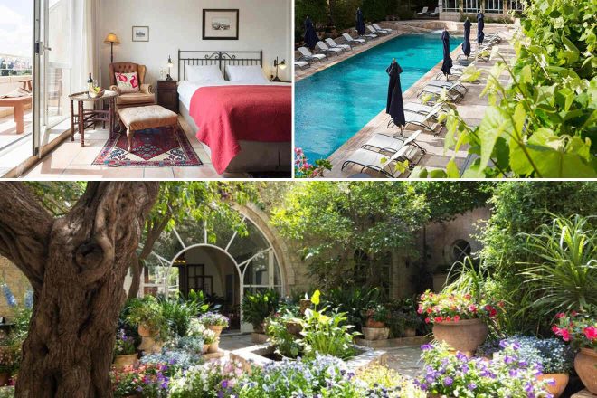 A collage of three hotel photos to stay in Jerusalem: A bedroom with traditional decor and a balcony, an inviting hotel pool lined with loungers, and a lush hotel courtyard garden brimming with colorful flowers and plants.