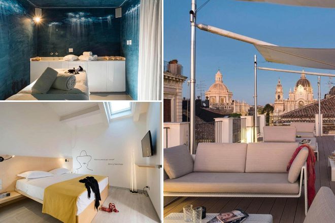 collage of 3 images with: a hotel room with a balcony and a view of the city, bedroom and spa