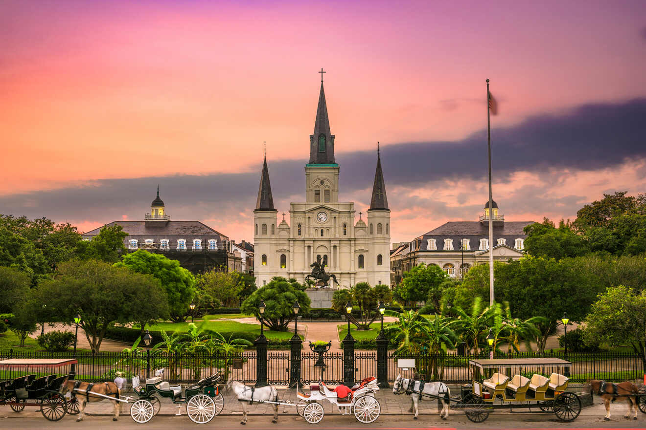 St. Louis Cathedral at sunset with carriages waiting for tourists