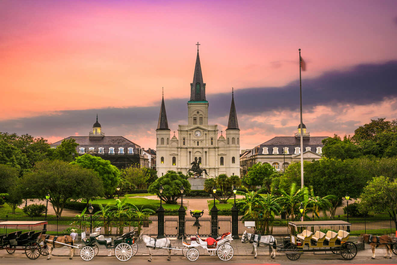 Jackson Square in New Orleans at sunset, featuring the St. Louis Cathedral, a statue, and horse-drawn carriages lined up in the foreground.