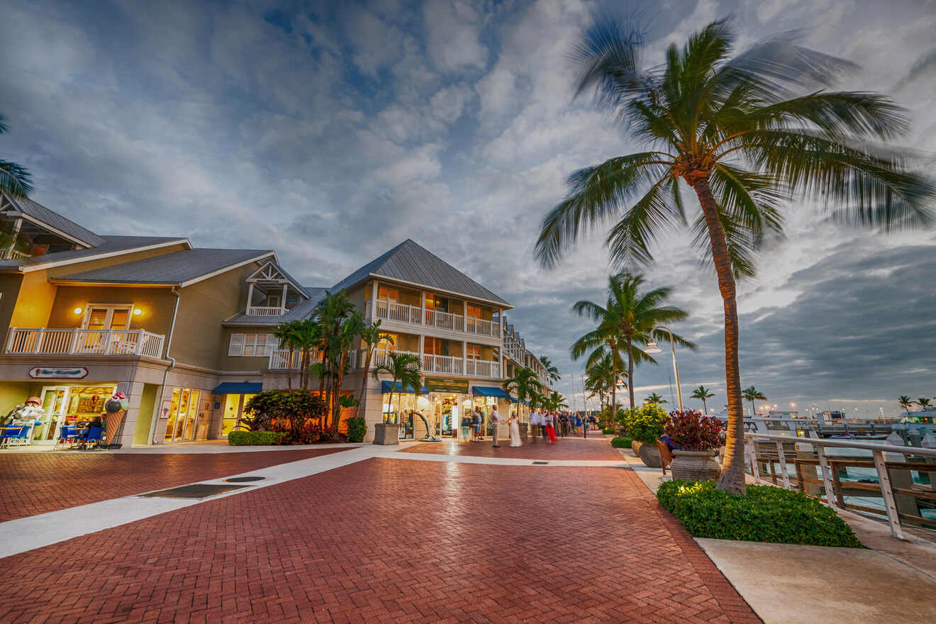 wilight view of a waterfront promenade in Key West with palm trees, shops, and visitors, showcasing the vibrant evening life