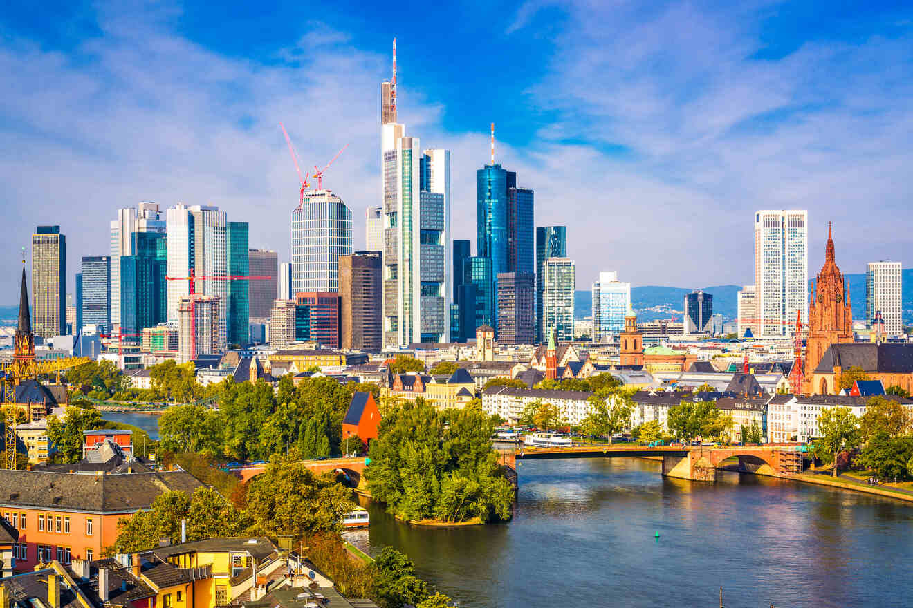 A bustling cityscape of Frankfurt am Main, featuring modern skyscrapers and the Main River, with clear blue skies above