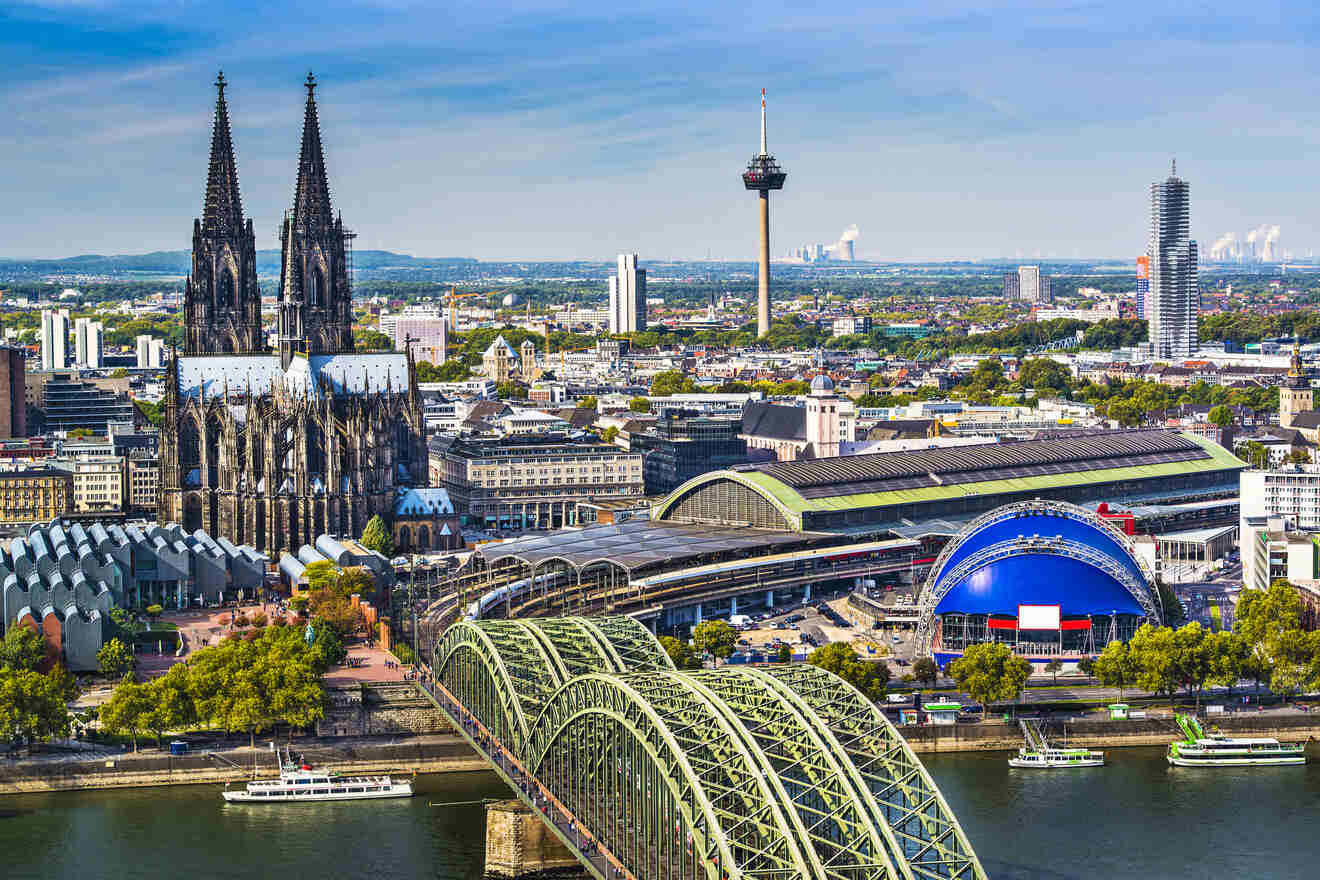 A panoramic view of Cologne, Germany, showcasing the iconic Cologne Cathedral, Hohenzollern Bridge, and Cologne Central Station along the Rhine River.