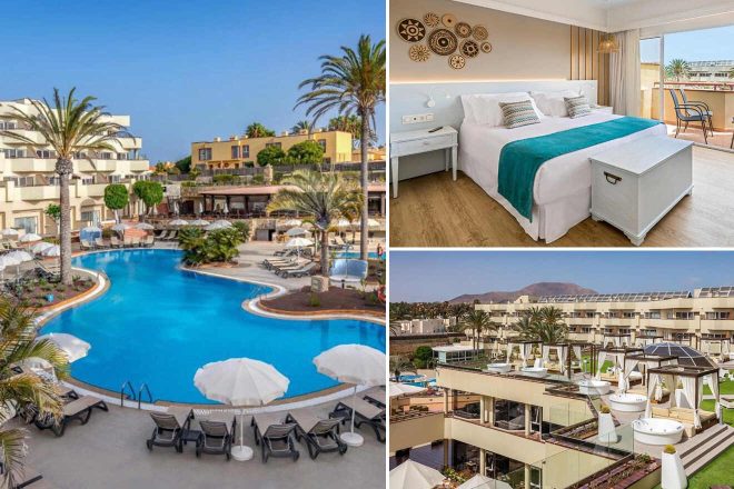 A collage of luxury hotel to stay in Corralejo: a panoramic view of a curvy pool with lounge chairs, a comfortable hotel room with a balcony, and a traditional building with a tiled roof amidst greenery