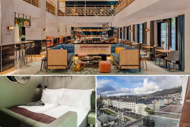 A collage of three photos of hotels to stay in Centrum, Bergen: hotel lobby and lounge area, bedroom, and room balcony with a city view