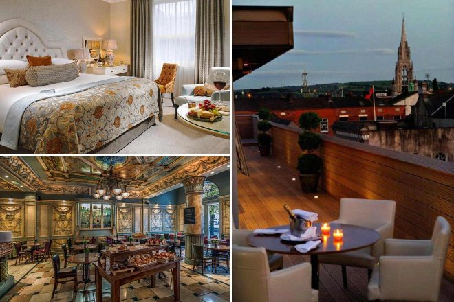 A collage of three hotel photos to stay in Cork, Ireland: a luxurious room with patterned bedding and a plush armchair, an ornate breakfast room with traditional wood paneling, and a rooftop setting with a view of a church steeple at dusk.