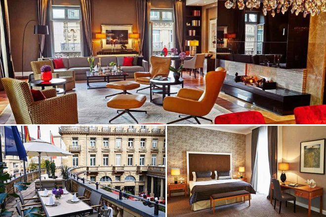 A collage of three hotel photos to stay in Frankfurt: a luxurious lounge with rich dark tones and a modern fireplace, a terrace cafe with umbrella-shaded tables overlooking classic European architecture, and a well-appointed room with earthy tones and plush bedding