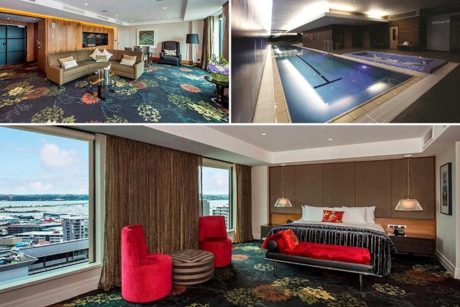 A collage of three hotel photos to stay in Auckland: an opulent living room with modern furnishings and a floral-patterned carpet, an indoor pool with mood lighting and a jacuzzi section, and a cozy bedroom with a view of the cityscape and vibrant red chairs