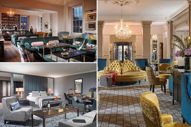 A collage of three hotel photos to stay in Galway: an elegant bar area with plush green seating and a well-stocked bar, a sophisticated hotel room with modern furnishings and neutral tones, and a grand lounge with luxurious yellow armchairs and a glittering chandelier