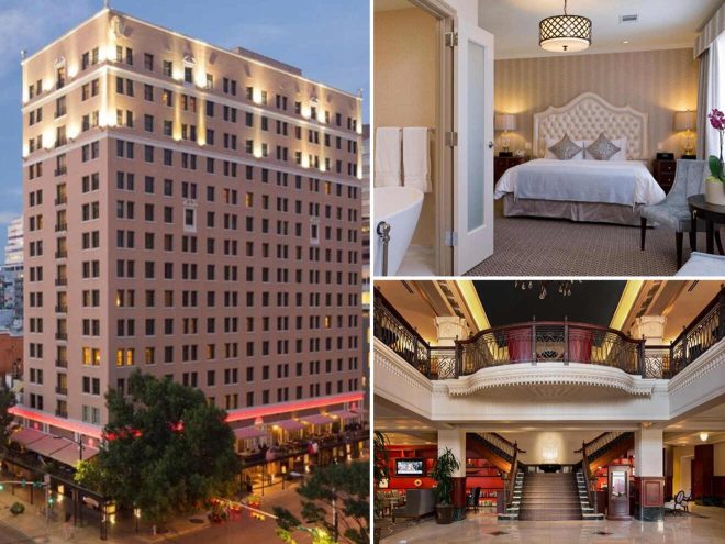 A collage of three photos of hotels to stay in Downtown Austin, Texas: hotel exterior, bedroom, and hotel lobby