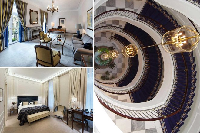 A collage of three hotel photos to stay in Cologne: a traditional suite with elegant furnishings and a balcony view, a spiraling staircase with ornate railings and chandeliers, and a bedroom with a classic blue and white decor