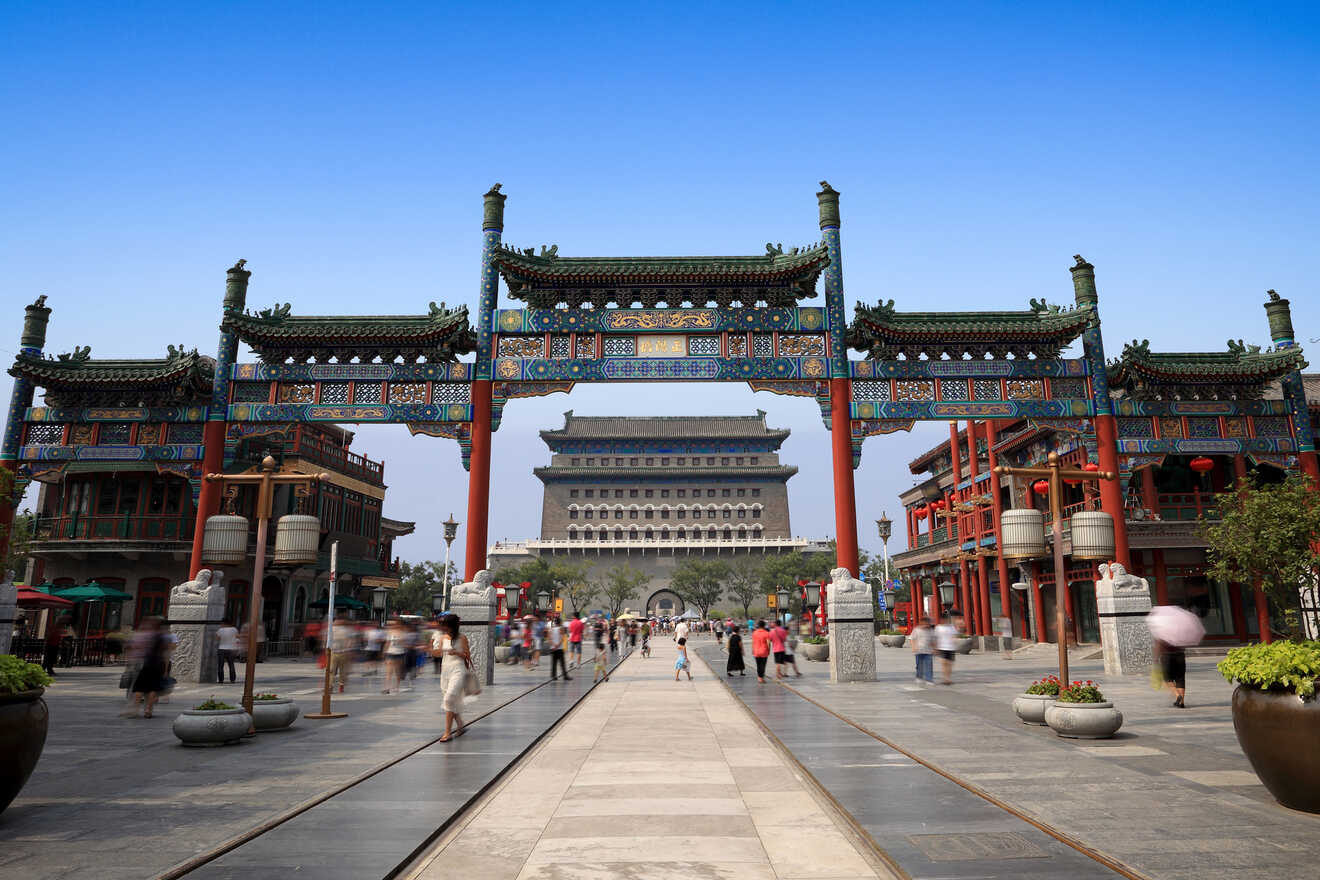 Qianmen Gate, a traditional Chinese gate with vibrant colors and intricate designs, located in Beijing