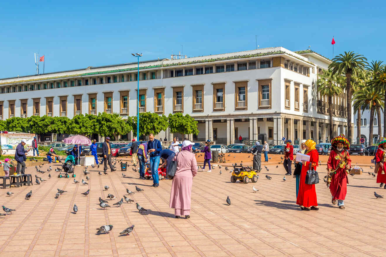 A vibrant street scene in Morocco with locals and tourists mingling among pigeons, with a traditional building and Moroccan flags in the background.