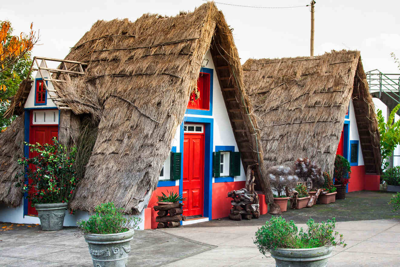 Traditional thatched-roof houses with bright blue and red doors, framed by potted plants and set against a clear sky.