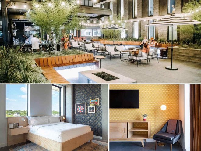 A collage of three photos of hotels to stay in East Austin, Texas: hotel outdoor seating area, hotel bedroom, and in-room armchair and a TV