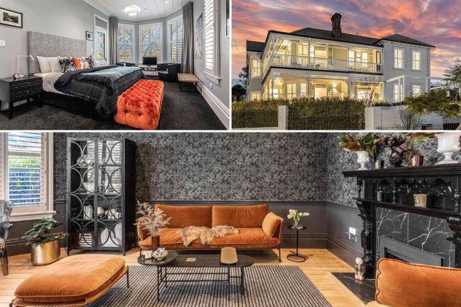 A collage of three hotel photos to stay in Auckland: a bedroom with a plush bed, orange accent chair, and bay windows, a grand white house with balcony and sunset views, and a chic sitting area with a modern black fireplace and velvet sofa.