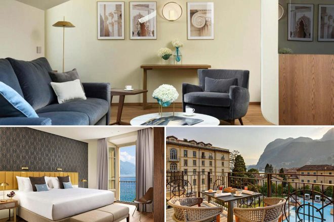 A collage of three hotel photos to stay in Lake Como: a serene living area with elegant furnishings and artwork, a bedroom offering a balcony with breathtaking lake views, and an inviting outdoor dining area overlooking a tranquil pool