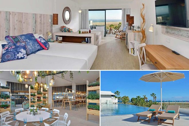 A collage of luxury hotel to stay in Costa Calma:  a bohemian-style bedroom with ocean views, a trendy indoor dining area with hanging plants, and a tranquil infinity pool with lounge chairs overlooking the sea