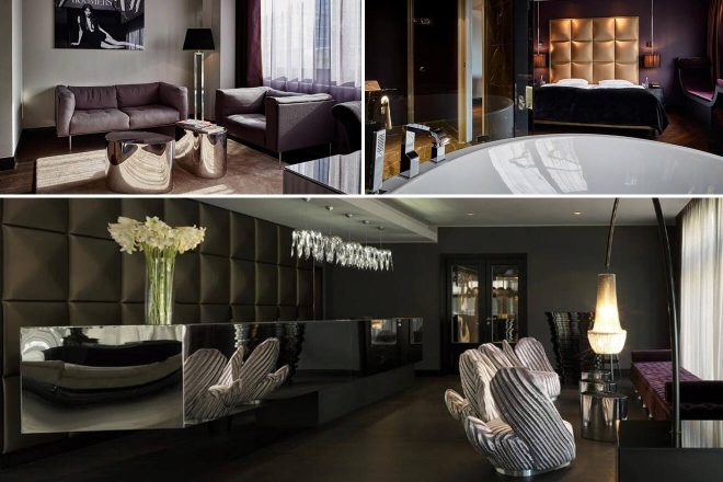 A collage of three hotel photos to stay in Frankfurt: a sophisticated suite with sleek dark furniture and a spacious seating area, a contemporary styled bathroom with a freestanding tub and chic fixtures, and an opulent lobby area with plush seating and designer lighting