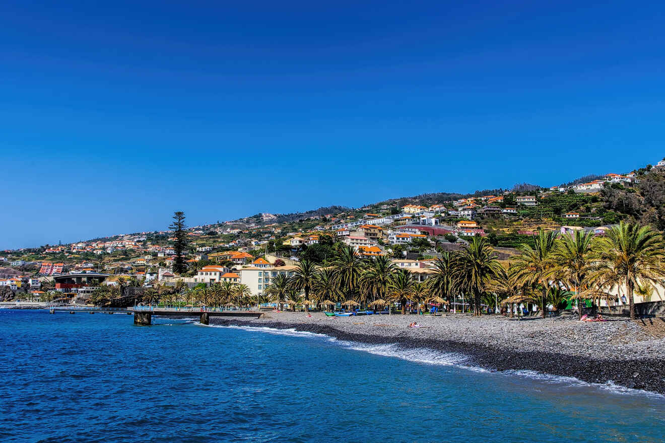 A coastal landscape with a pebble beach lined with palm trees, colorful houses, and terraced hills under a clear blue sky