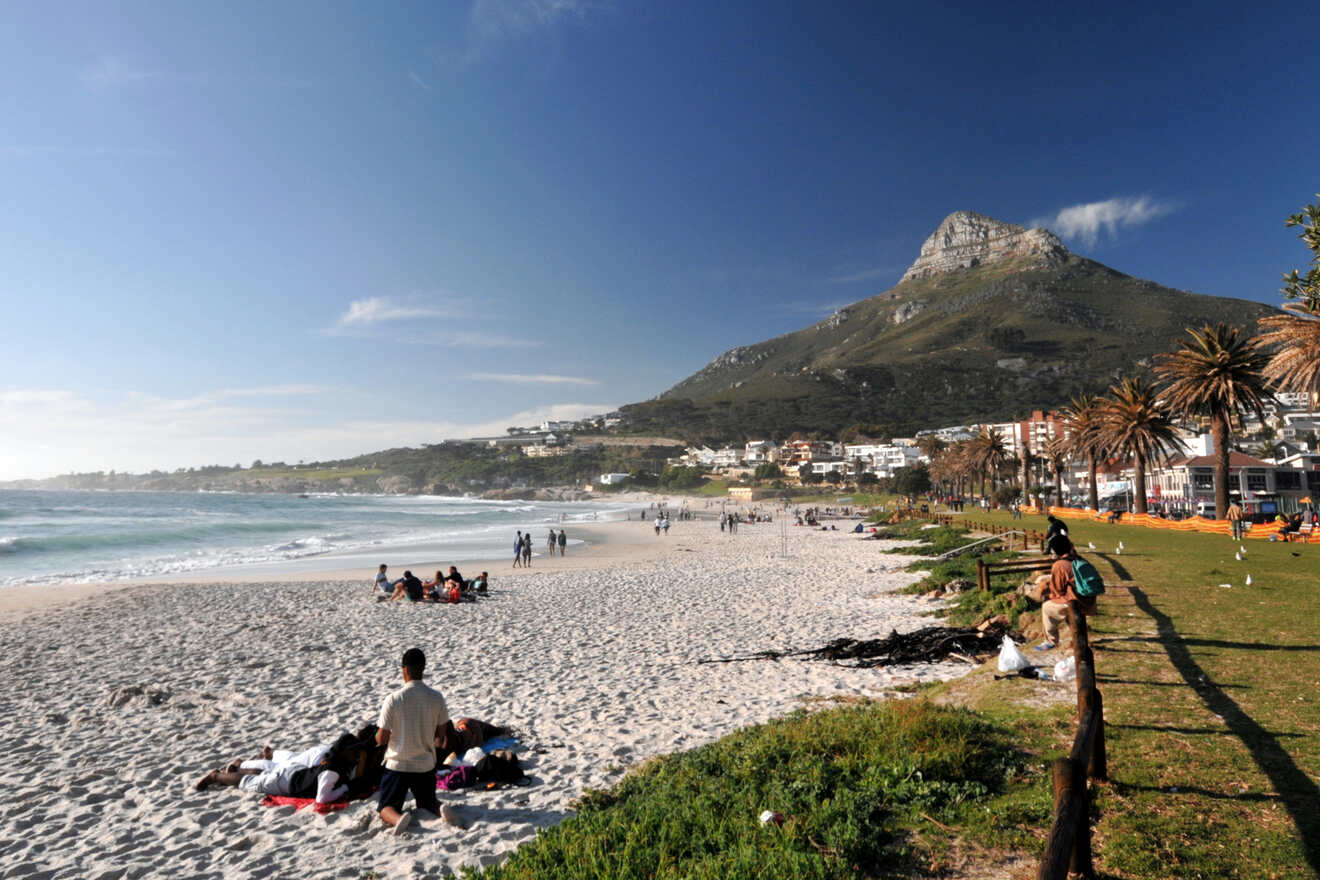 People enjoying a sunny day at a beach in Cape Town with a mountain in the background and palm trees lining the shore.