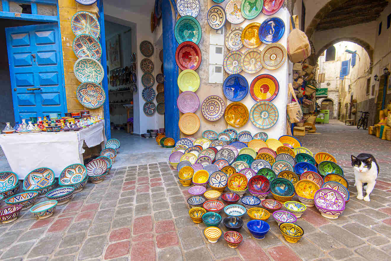 Colorful display of traditional Moroccan ceramics and a single cat in the foreground, set against the backdrop of an old street with blue doors.