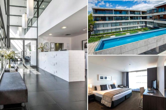 A collage of three hotel photos to stay in Auckland: a spacious lobby with high ceilings and contemporary decor, an outdoor pool with a city view, and a modern bedroom with monochromatic tones and natural light.