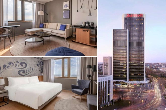 A collage of three hotel photos to stay in Frankfurt: a modern suite with panoramic windows and elegant furnishings, a classic hotel exterior soaring above the city, and a stylish bedroom with decorative wall patterns and a city view