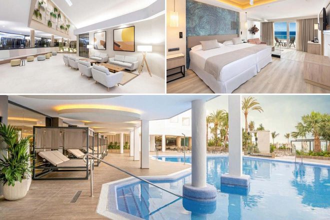 A collage of luxury hotel to stay in Morro Jable:  a spacious modern lounge with plush seating, a stylish bedroom with ocean view, and a relaxing poolside with towering palm trees