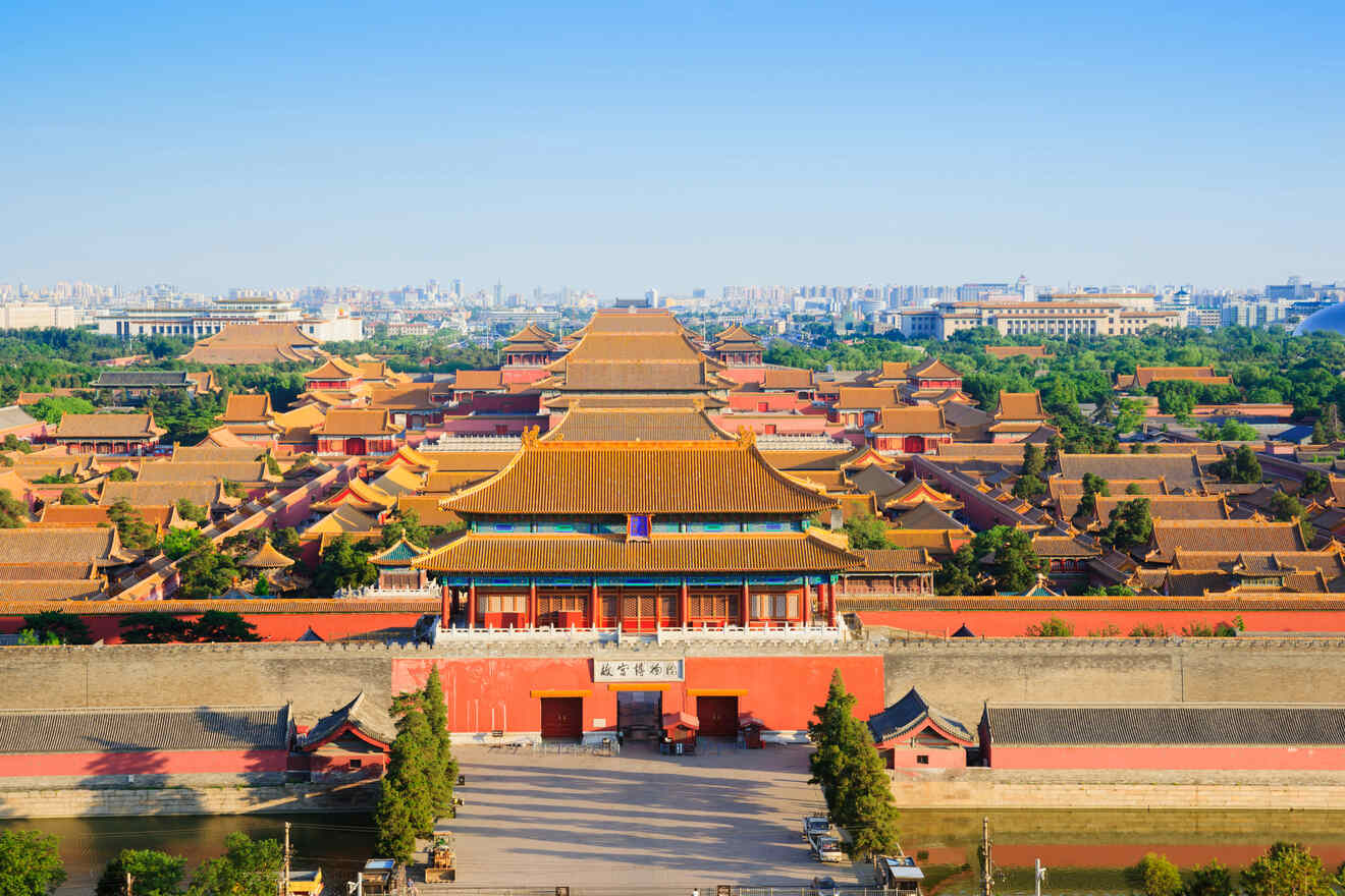 A panoramic view of the Forbidden City in Beijing, showcasing the extensive complex of historic buildings.