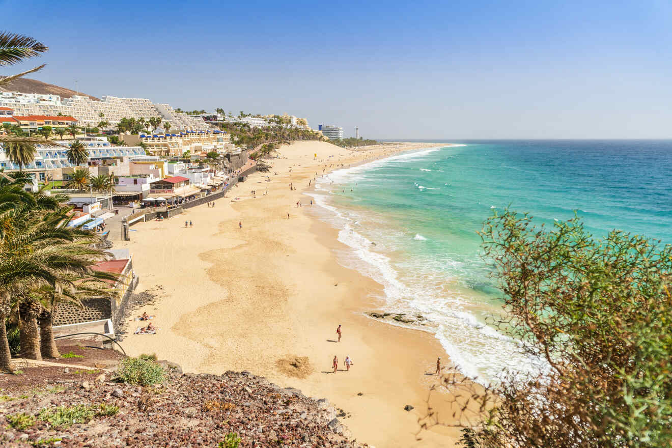 Spacious sandy beach in Fuerteventura with turquoise waters, visitors enjoying the sun, and a palm-lined promenade with white resort buildings on a sunny day