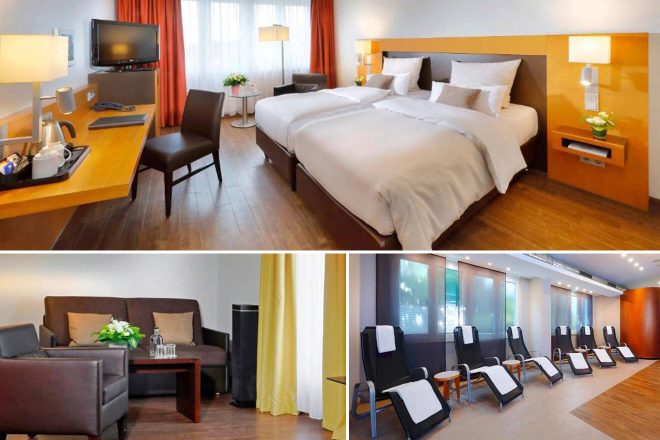 A collage of three hotel photos to stay in Frankfurt: a standard guest room with bright lighting and a cozy work area, a casual lounge with comfortable seating, and a modern spa area with reclining chairs and tranquil ambiance