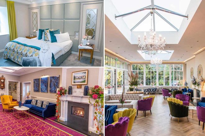 A collage of three hotel photos to stay in Cork, Ireland: a bedroom with a blue and yellow floral theme and a paneled wall, a luxurious dining room under a large chandelier with expansive windows, and a colorful lounge area with a variety of plush seating options.