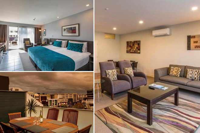 A collage of three hotel photos to stay in Auckland: a bedroom with a teal bedspread and city view, a living room with plush chairs and a patterned rug, and a balcony dining space overlooking an urban landscape.