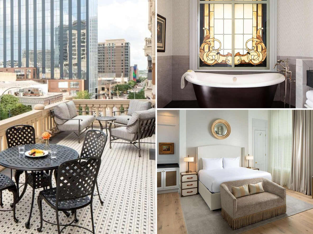 collage of three hotel photos: outdoor bath tub, mirror, and bedroom