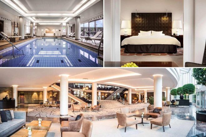 A collage of three hotel photos to stay in Cologne: an indoor pool with a serene blue ambiance, a luxury bedroom with dark wood paneling and a plush white bed, and a spacious hotel atrium with elegant seating and modern decor.