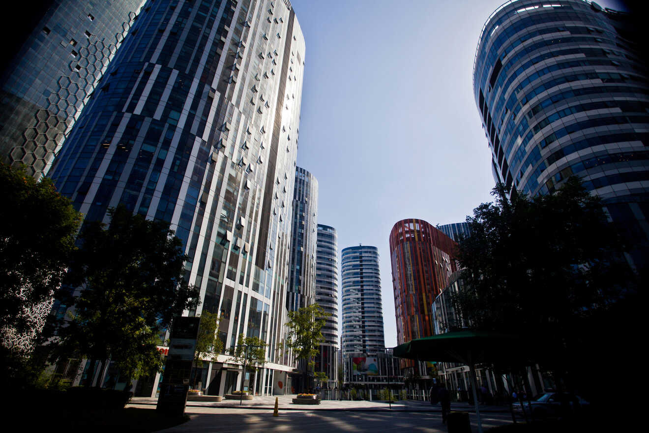 A modern cityscape with tall, sleek skyscrapers in Beijing, China