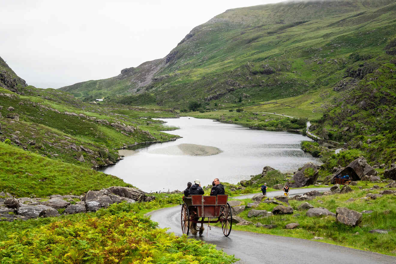 Rural Irish landscape with a horse-drawn carriage on a winding road beside a tranquil lake and rolling hills