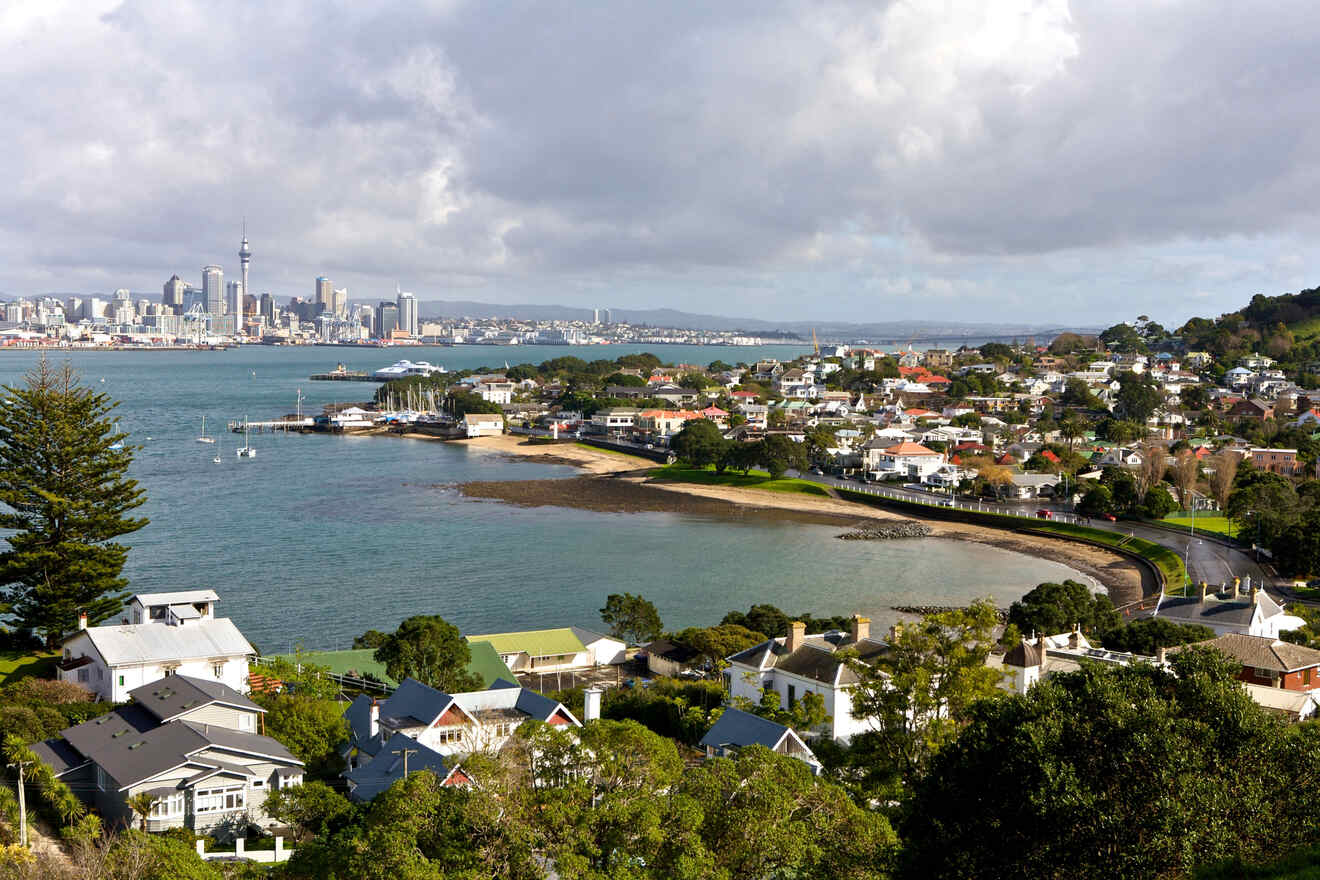 A scenic view of a coastal residential area with houses overlooking the waterfront and a city skyline in the distance, set against a cloudy sky