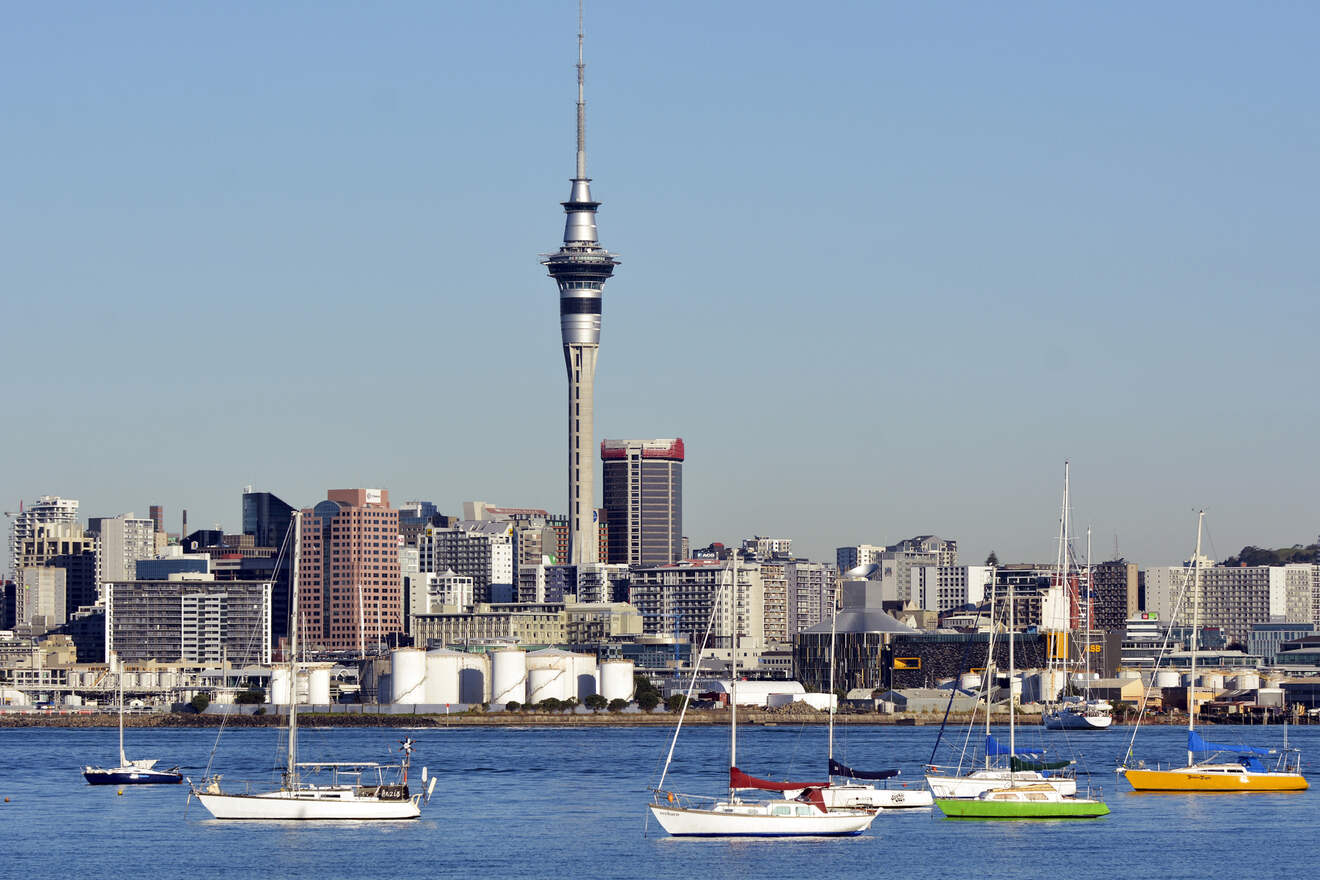 A scenic view of the Auckland skyline with the iconic Sky Tower standing tall above the city and moored sailboats in the foreground