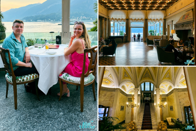 Collage of three photos: a couple sitting on a table with view, hotel lounge area, and hotel hallway