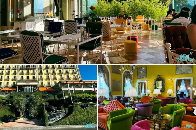 Collage of three hotel photos: terrace with chairs and tables, hotel exterior, and lounge area