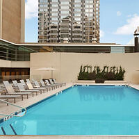 Rooftop swimming pool at an urban hotel with lounge chairs lined up, flanked by high-rise buildings under a clear sky