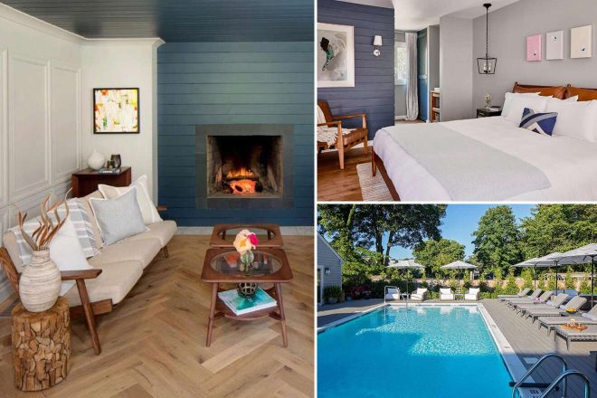 A collage of three hotel photos to stay in The Hamptons: a living room with a lit fireplace and elegant, plush furnishings, a bright bedroom with crisp white linens and minimalist decor, and a serene pool area with loungers and neatly arranged umbrellas.